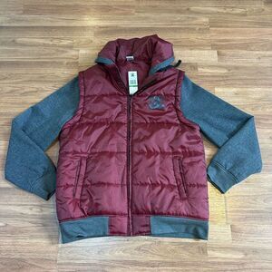 DC Shoes Puffer Jacket Maroon Drawstrin Long Sleeve Full Zip Hooded Jacket | Men